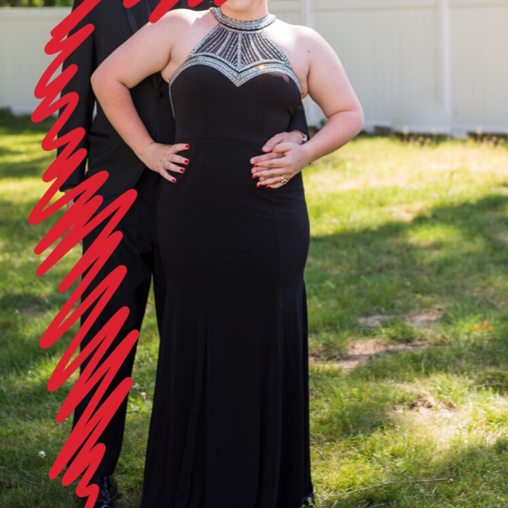 black prom dress with silver appliques